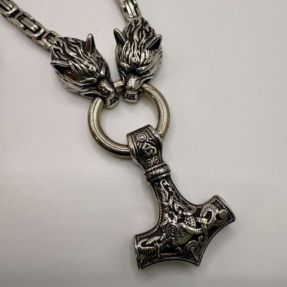 Viking Wolf Heads Mjolnir Thor Hammer Pendant Necklace Silver Tone Chain Mens‎ - Picture 2 of 6